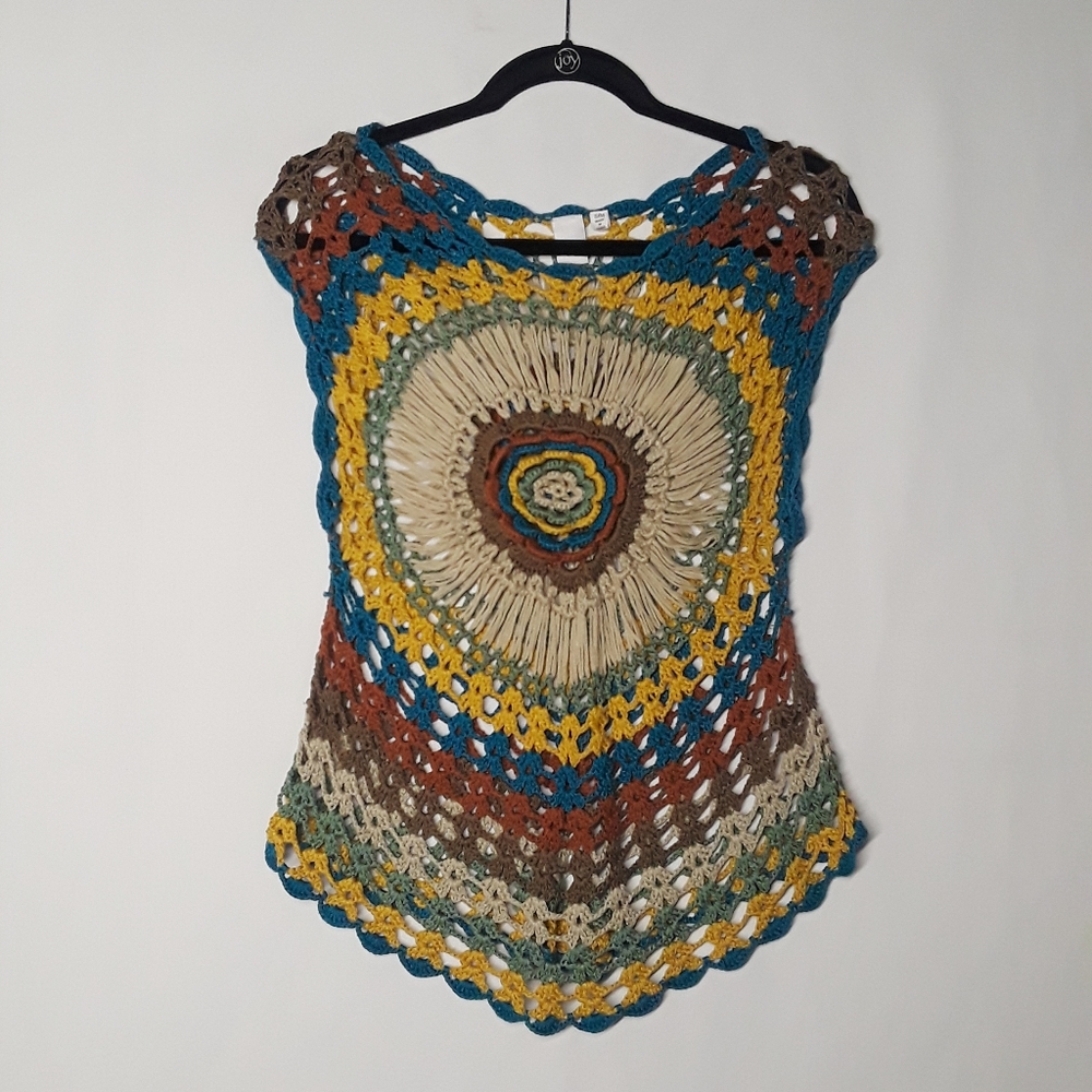 VILA MILANO Colorful Floral Crochet Stretchy Knit Top S/M